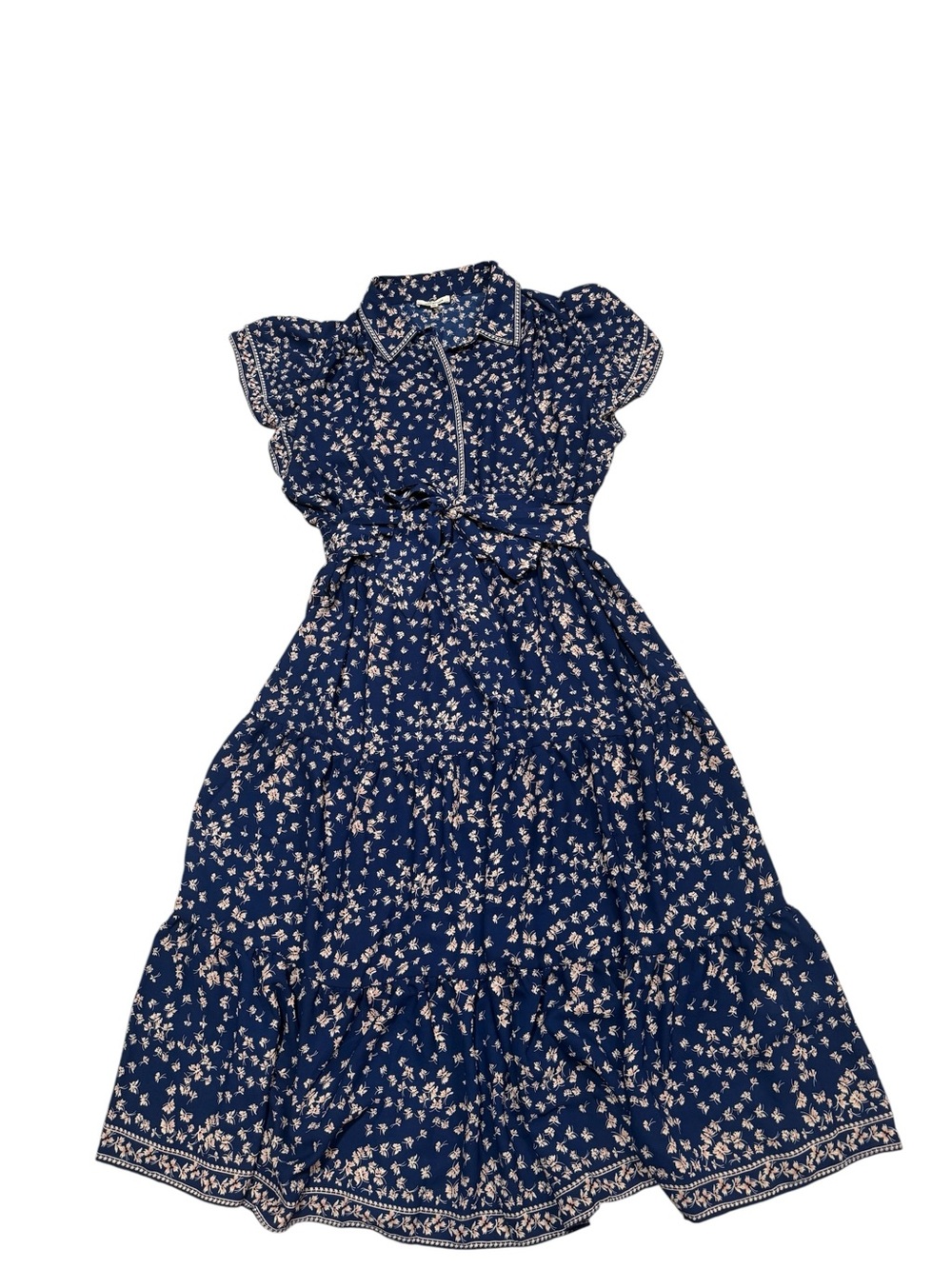 Max Studio Floral Tie Waist Flutter Sleeve Tiered Midi Dress Blue XL - Picture 7 of 8